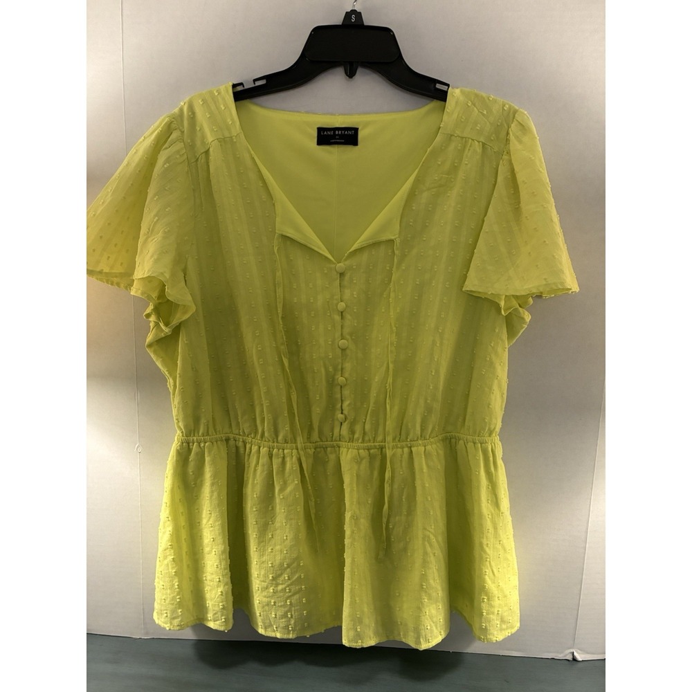 Lane Bryant 14 Lime Green Swiss Dot Peplum Blouse Boho Cottagecore Top